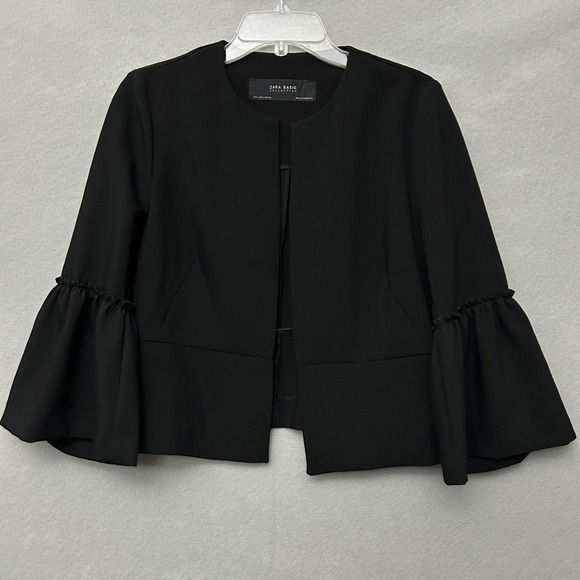 Zara Basic Collection Jackets & Blazers - ZARA BASIC Black Bell Sleeve Cropped Blazer Jacket Open Front Size L Work Party